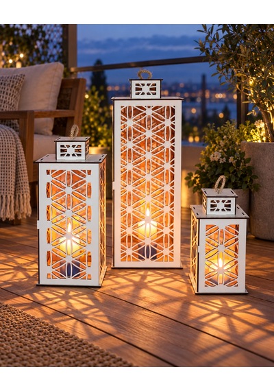 Ahşap Fener Mumluk Seti 3lü Yaşam Çiçeği Model Beyaz