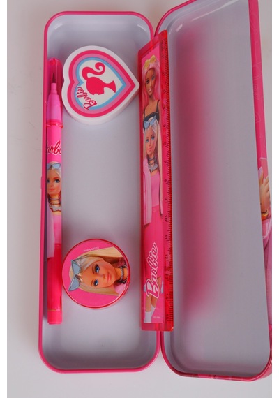 X Dekomus Lisanslı Barbie Yıldız Tasarımlı 5'li Kırtasiye Seti Metal Kalem Kutusu,cetvel,kalem Açık Gri