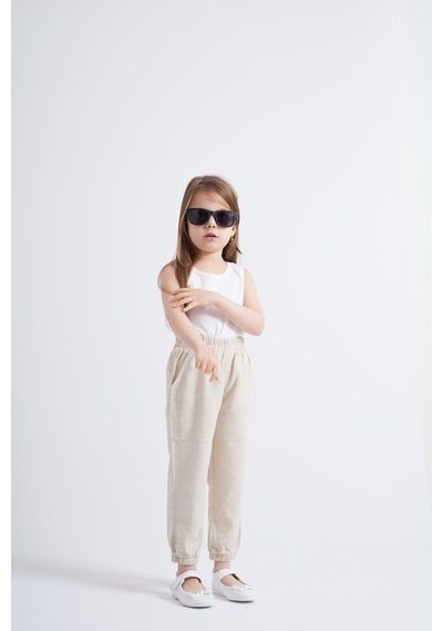 Oliven The Kid Oliventhekid Bej Keten Beli Ve Paçaları Lastikli Cepli Rahat Unisex Çocuk Pantolon Bej Bej