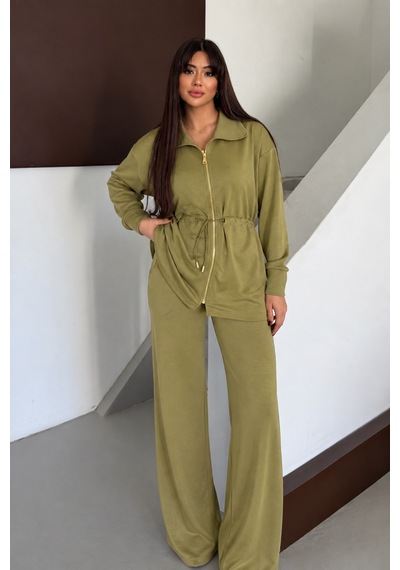 Balenbi Oversize Fermuarlı Beli Bağcıklı Polo Yaka Modal Kadın Takım 1196 - Premium Seri Yeşil Balenbi Oversize Fermuarlı Beli Bağcıklı Polo Yaka Modal Kadın Takım 1196 - Premium Seri Yeşil