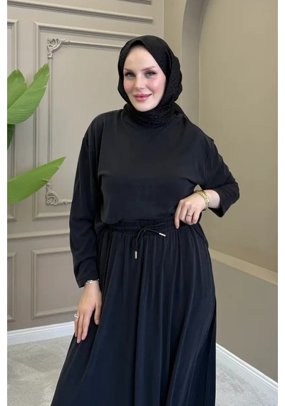 Balenbi Kadın Modal Kumaş Rahat Kalıp Lastikli Bel Etekli Tesettür Takım 1221 - Premium Seri Siyah Balenbi Kadın Modal Kumaş Rahat Kalıp Lastikli Bel Etekli Tesettür Takım 1221 - Premium Seri Siyah