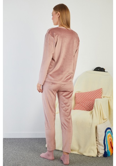 Fullamoda I Love Winter Kabartma Baskılı Kadife Pijama Takımı Gül