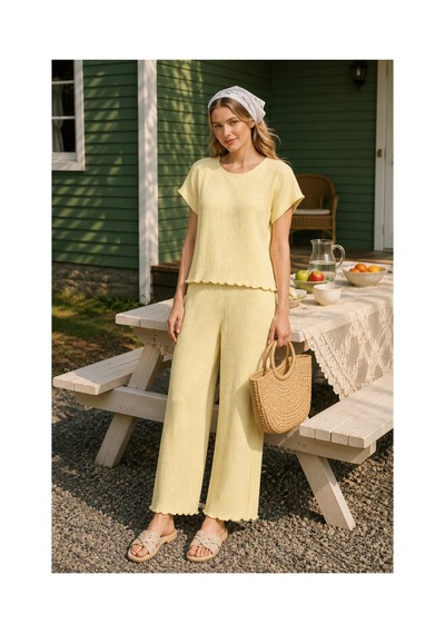Rindahomewear Bürümcük Kumaş Sarı Düşük Kol Pijama Takım Sarı