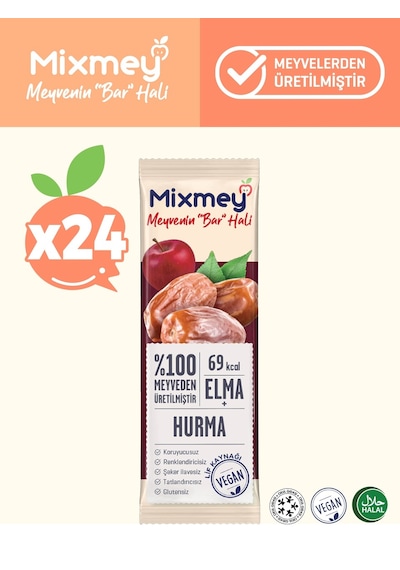 Mixmey Hurma Meyve Barı 24 Adet | Atıştırmalıklar – Vegan, Glutensiz, Koruyucusuz (20GR X 24 ADET)