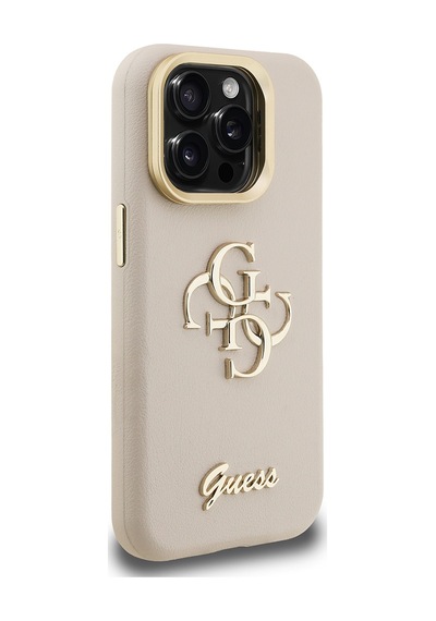 Apple Uyumlu iPhone 15 Pro Kılıf Guess Lisanslı Grained Yazı Logolu Kamera Standlı Kapak Bej