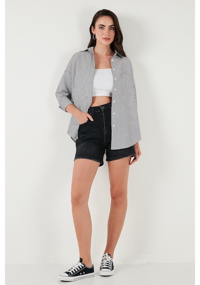 Lela Regular Fit Uzun Kollu Cepli Çizgili Bayan Gömlek 6772895 Siyah