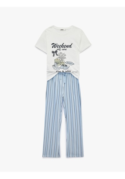 Koton Pamuklu Rahat Kesim Kısa Kollu Baskılı Pijama Seti Lacivert Çizgili 6slk40120mk