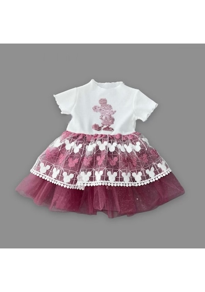 Alfa Expres 1-2-3 Yaş Payetli Mickey Baskılı Brode Etekli Kız Bebek Elbisesi Rose Rose