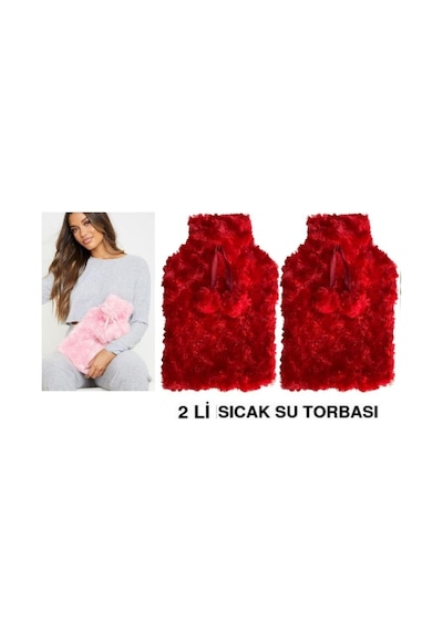 Sıcak Su Torbası 2 Adet,kırmızı Renkli,ponponlu Termofor 26x17x2cm 1 Litre Kırmızı