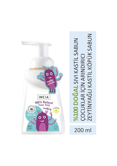INCIA %100 Doğal Köpük Kastil Sabunu Çocuklar İçin Zeytinyağlı 10 Bitkisel Değerli Yağ Vegan 200 ml