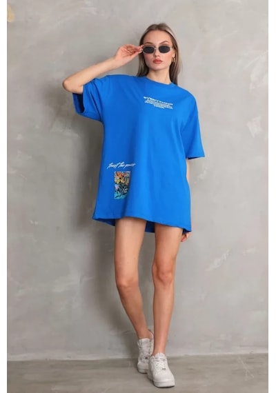 Ge Ticaret Unisex Bisiklet Yaka Baskılı Oversize T-shirt - Mavi Mavi
