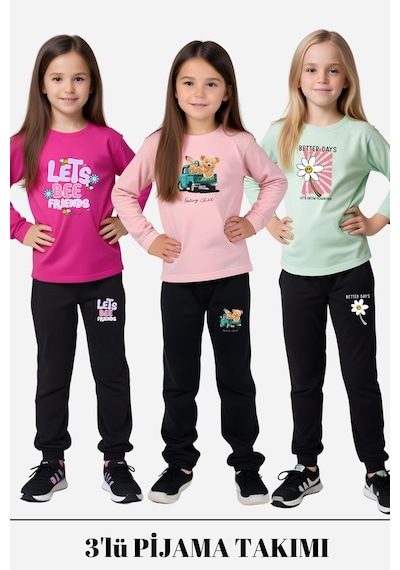 Fyk Kids 3'lü Kız Çocuk Baskılı Bel Detayı Lastikli Alt-üst Pijama Takımı Çok Renkli