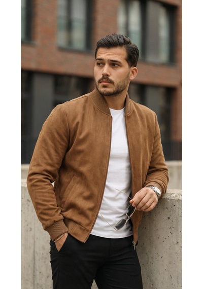 Efnaz Style Erkek Önden Fermuarlı Içi Astarlı Süet Ceket Kahverengi