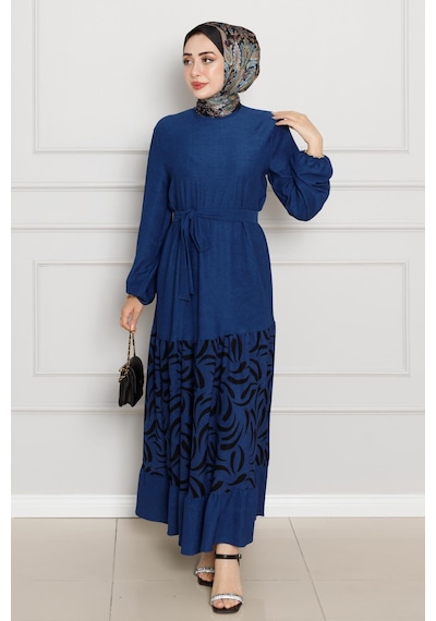 Sevitli Eteği Desenli Karin Elbise-saks Mavi-4269-saks Mavi Saks Mavi
