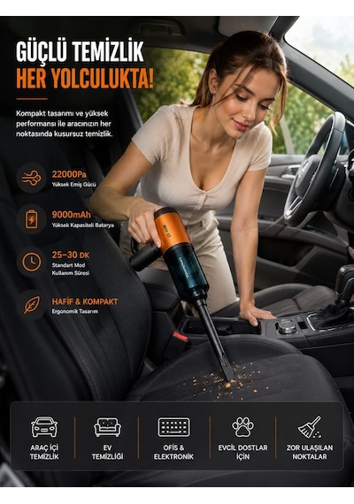 22000pa Güçlü Araç İçi Süpürge 9000mah Şarjlı 2 Hepa 1 Metal Filtreli Oto El Süpürgesi Siyah