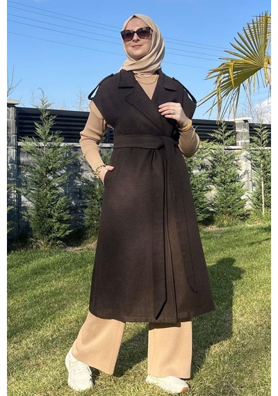 Rabia Şamlı Apoletli Acı Kahve Yelek Normal