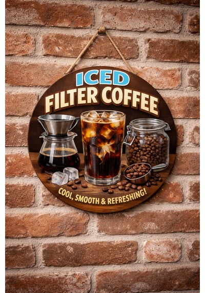 Mayeka Iced Filter Coffee Temalı Cafeler Kahveciler Baristalar İçin Ahşap Duvar Kapı Dekoratif Süs Tablo 2