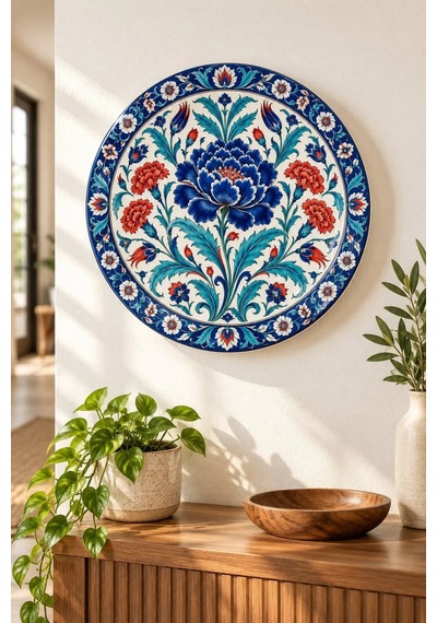 Dekoratif Duvar Tabağı Neo-iznik Maksimalizm Dekorlu Seramik Tabak Mavi