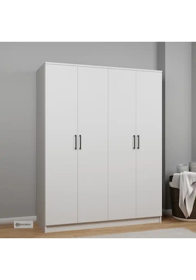 Kardelen Serisi 140 Cm Mat Beyaz 4 Kapılı 5 Raflı Elbise Dolabı Beyaz