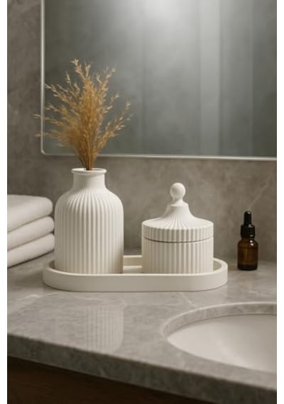 Tr 3 Parçalı Beyaz Dekoratif Set Çizgili Vazo, Kapaklı Mumluk &amp Oval Tepsi Diğer
