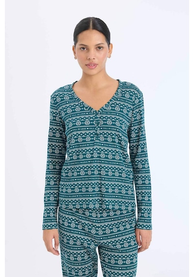 DeFacto Fall in Love Pijama Takımı Waffle Kumaş Uzun Kollu Üst Esnek Belli Uzun Alt D2284AX24WNGN1040 Yeşil