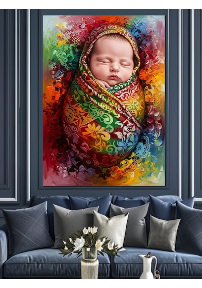 Ahşap Tablo Kundakta Renkli Bebek Resmi