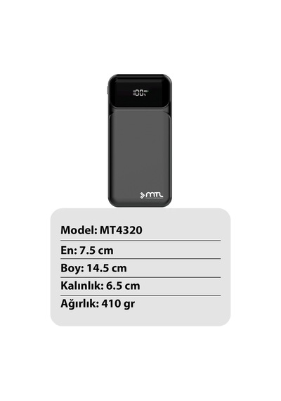 20000 Mah 22.5w Turbo Şarj Dahili Kablolu Dijital Led Göstergeli Pd Ve Qc 3.0 Powerbank Mt4320 Siyah