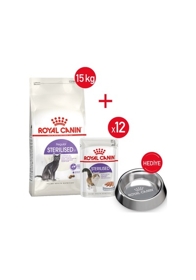 Sterilised37 - Kuru Kedi Maması 15 Kg + Yaş Mama 12x85 Gr + Çelik Mama Kabı