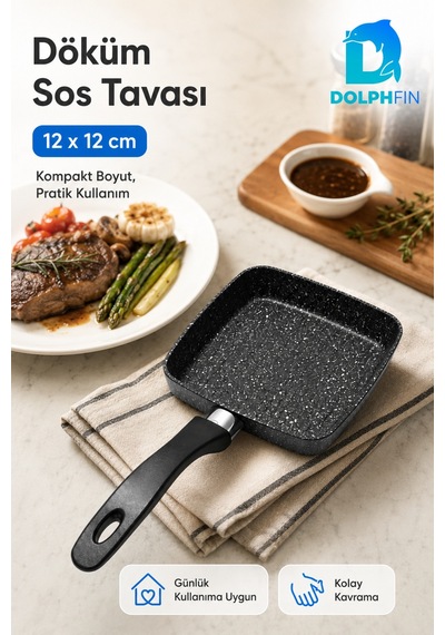 12x12 Cm Kare Döküm Sos Tavası Mini Tava Ergonomik Saplı Siyah