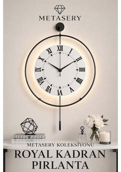 Siyah - Royal Kadran Exclusive - 3 Pil Ile Gelir Led Kristal - Modern Metal Duvar Saati