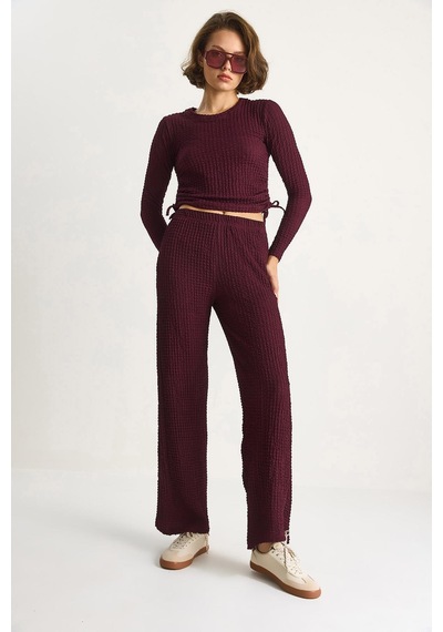 Shade Kadın Yanları Bağlamalı Crop Beli Lastikli Yüksek Bel Pantolonlu Bürümcük Takım 8075 60284110 - Mürdüm