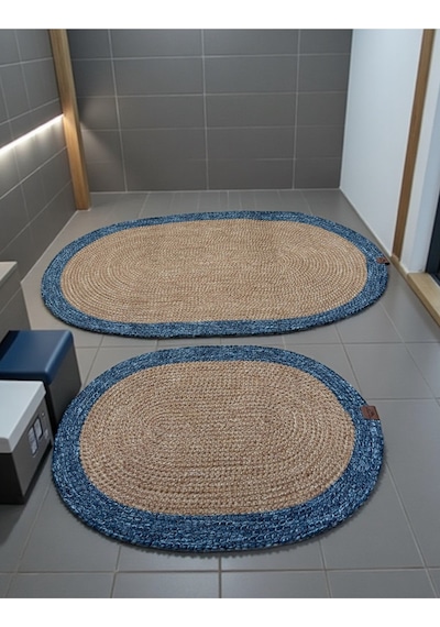 Mavi Kenarlı Hasır Görünümlü 2'li Oval Banyo Paspas Seti - El Yapımı Mavi