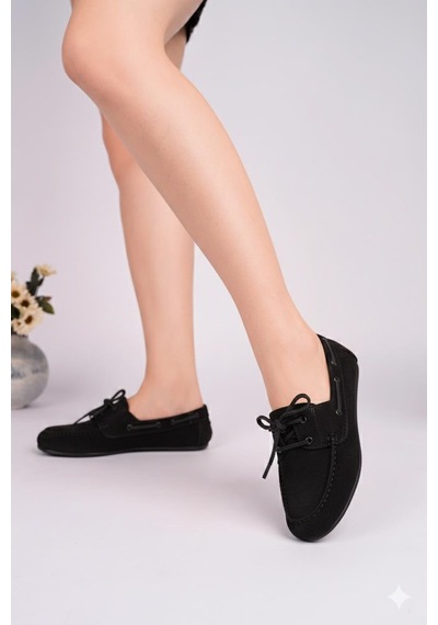 Nesilshoes Nesil Shoes Gabbel 300 Siyah Süet Bağcıklı Kadın Babet