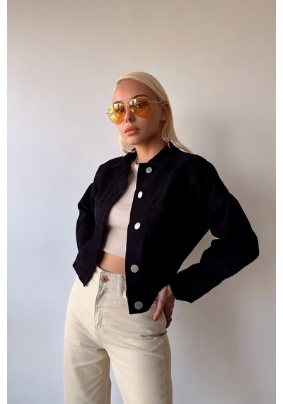 Siyah Çift Cepli Crop Yıkamalı Denim Ceket Bcdf-235401 Çok Renkli