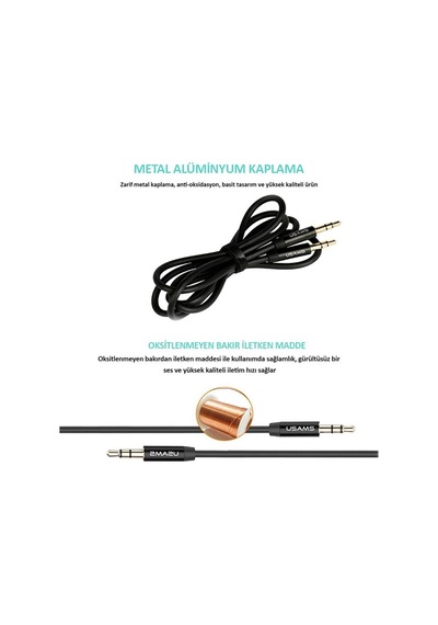 Yp01 3.5 Mm Güçlendirilmiş Ultra Dayanıklı Aux Ses Kablosu 1mt