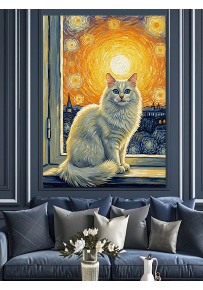 Van Gogh Stili Pencereden Bakan Beyaz Kedi Dekoratif Kanvas - Mdf Ahşap Tablo