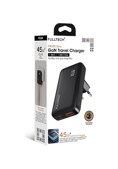 Fulltech Prime Slim Fc69 45w Gan Hızlı Şarj Adaptörü Usb-c + Usb-a Çift Port Şarj Cihazı