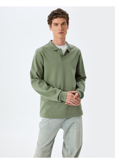 Koton Pamuklu İnterlok Kumaş Polo Yaka Sweatshirt Haki 5sam70003mk Haki