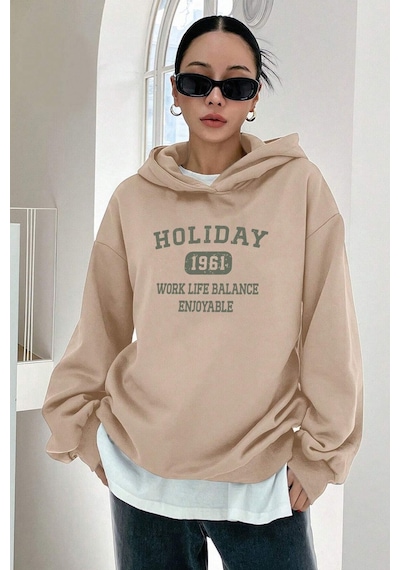Uyguntarz Holiday Baskılı Unisex Oversize Sweatshirt Bej
