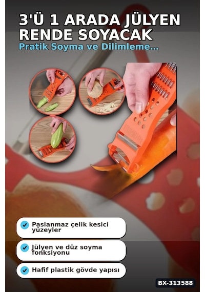 Paslanmaz Çelik Bıçaklı 3'ü 1 Arada Jülyen Rende Soyacak Doğrayıcı Mutfak Aleti Bx-313588 Diğer