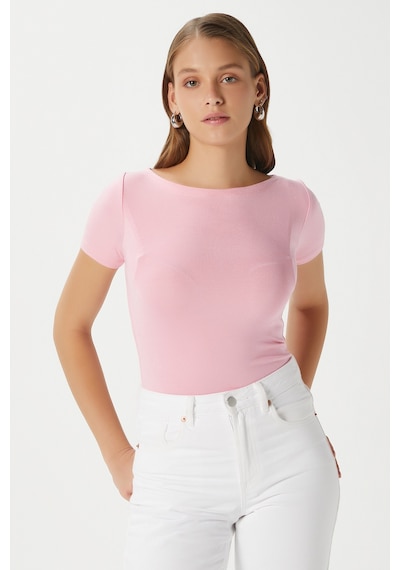 Ritnice Kadın Velvet Kayık Yaka Lux Touch Yumuşak Doku Kısa Kol Pembe Bluz