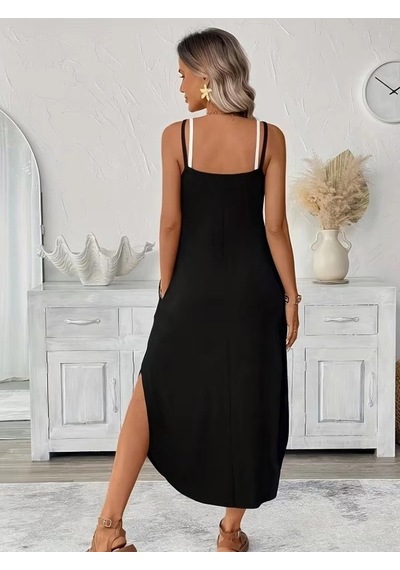Defymoda Kadın Ip Askılı Yuvarlak Yakalı Cepli Uzun Viskon Elbise Siyah