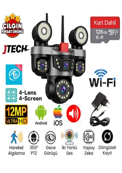 O-kam Ok-231 Premi Umw 3mp+3mp+3mp+3mp 12mp Wi -fi 4 Lens Çakarlı Alert 1 Ptz Akıllı Kamera + 128gb Sd Kart