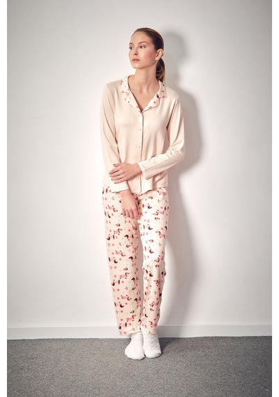 Fullamoda Köpek Desenli Gömlek Yaka 2 Li Pijama Takımı 24mıcg631216552-bej Bej