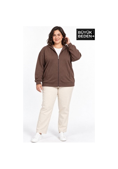 Süperlife Kadın Büyük Beden Fermuarlı Kapüşonlu Cepli Sweatshirt Hırka Rahat Kalıp Spr26bhrk961 Kahverengi