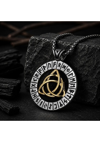 Paslanmaz Çelik Rün Sembolleri İskandinav Triquetra Mitolojik Viking Kolye Altın - Gümüş