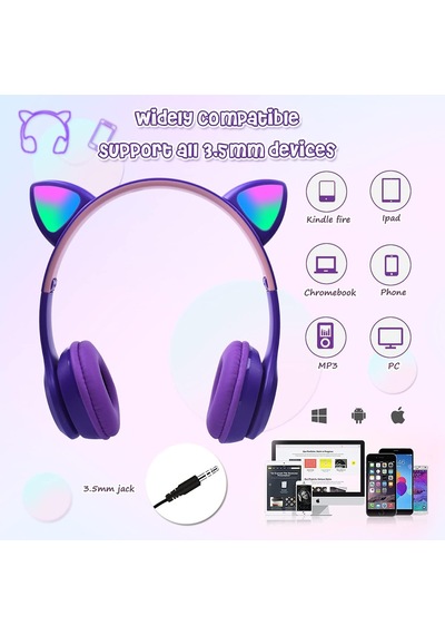Çocuk Kulaklığı, Led Parlayan Kedi Kulaklı, Mikrofonlu Takılabilir, Tf Kartı, Katlanabilir Blue