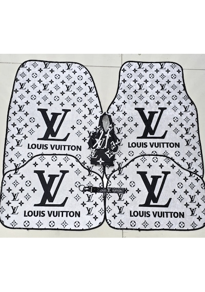 Lv Xl Beyaz - Siyah Dekor Oto Halı Paspas 4 Parça Ön Arka Takım Ve Vites Poları Kumaş Anahtarlık Hed