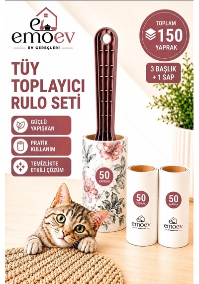 Tüy Toplayıcı Rulo Seti 3 Başlık / Toplam 150 Yaprak - Yüksek Yapışkanlı Kedi Köpek Tüyü, Koltuk Ve Giysi Temizleme Rulosu