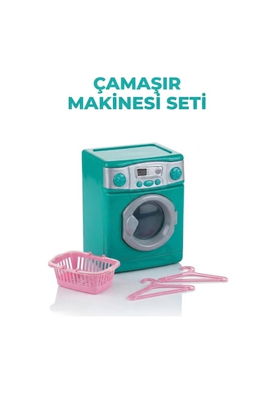 Aksesuarlı Çamaşır Makinesi Sepet Ve Askılı Eğitici 15 Cm Açılır Kapaklı Oyuncak Çamaşır Makinesi